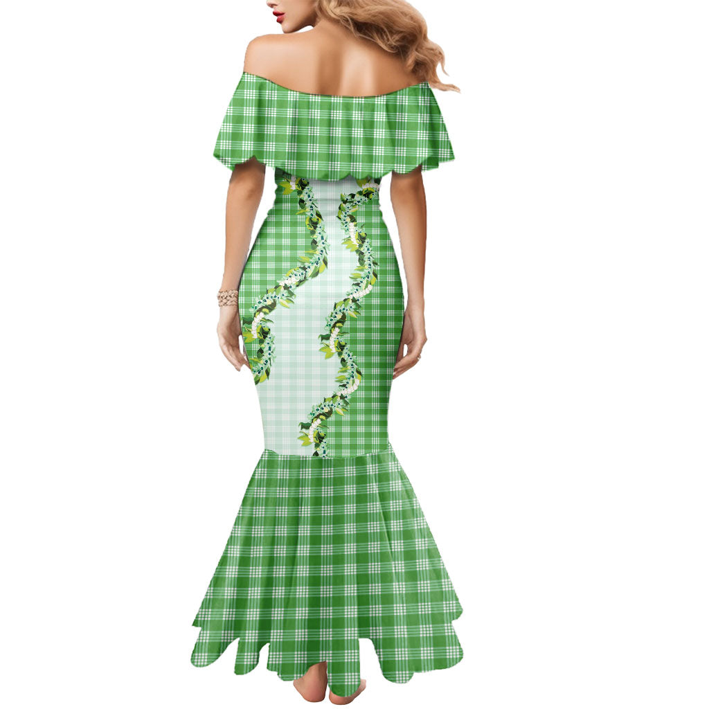 Green Hawaii Palaka Mermaid Dress Maile Pikake Honohono Orchid Lei