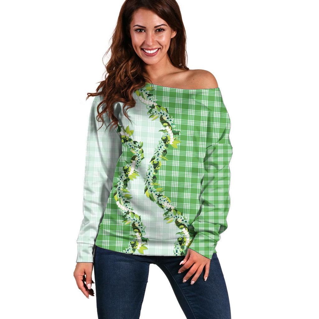 Green Hawaii Palaka Off Shoulder Sweater Maile Pikake Honohono Orchid Lei LT05 Women Green - Polynesian Pride