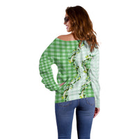 Green Hawaii Palaka Off Shoulder Sweater Maile Pikake Honohono Orchid Lei LT05 - Polynesian Pride
