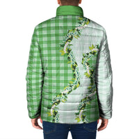 Green Hawaii Palaka Padded Jacket Maile Pikake Honohono Orchid Lei
