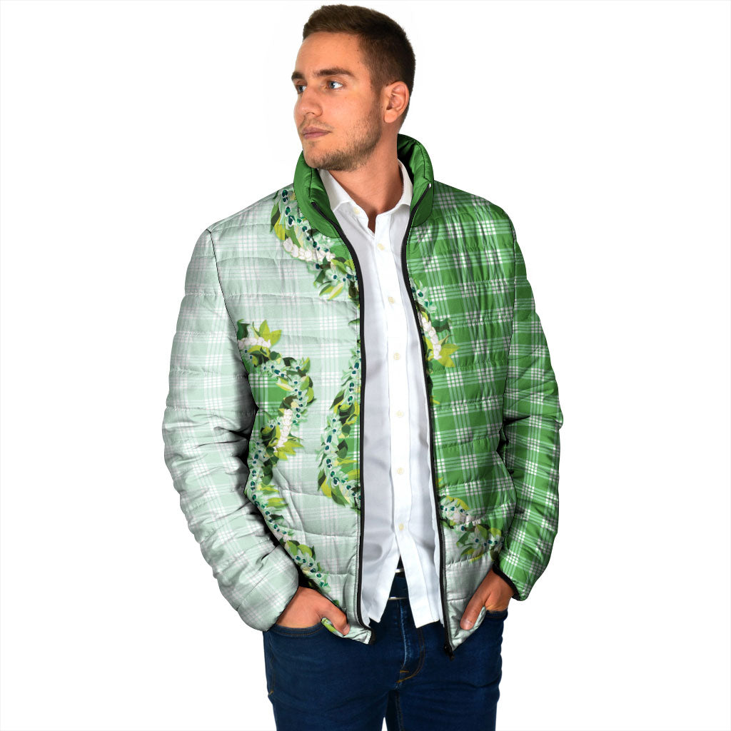 Green Hawaii Palaka Padded Jacket Maile Pikake Honohono Orchid Lei