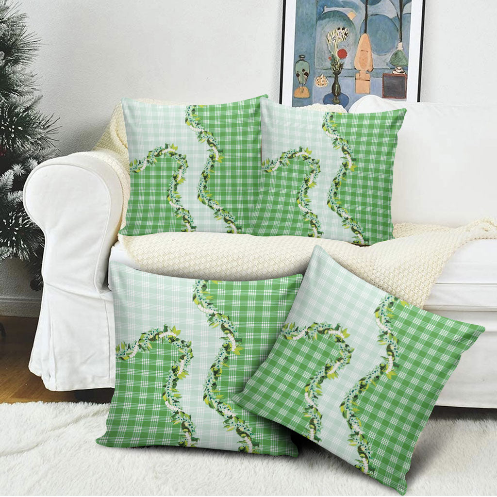 Green Hawaii Palaka Pillow Cover Maile Pikake Honohono Orchid Lei