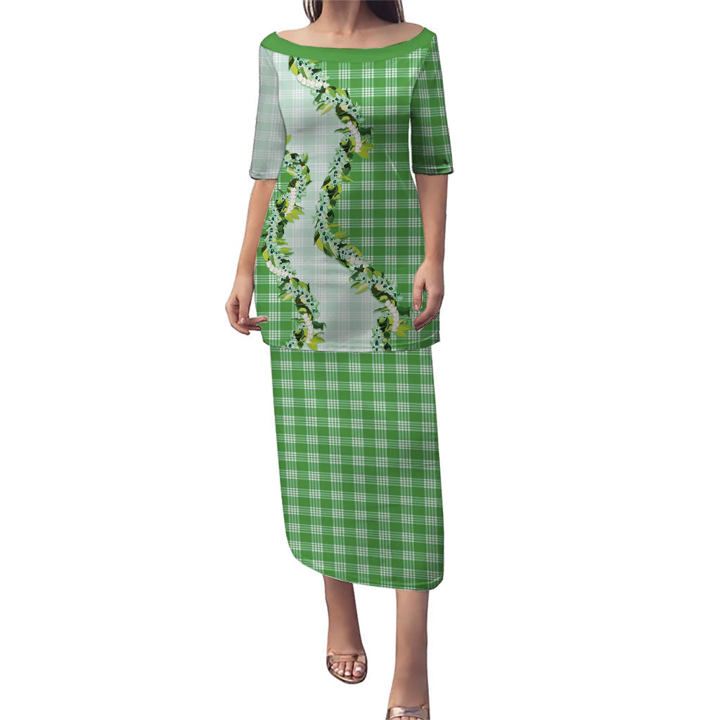 Green Hawaii Palaka Puletasi Maile Pikake Honohono Orchid Lei LT05 Long Dress Green - Polynesian Pride