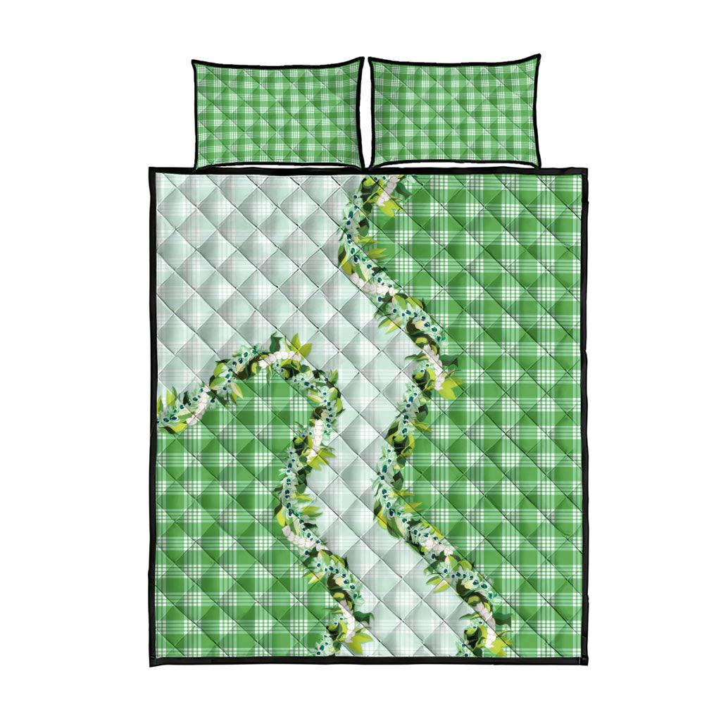Green Hawaii Palaka Quilt Bed Set Maile Pikake Honohono Orchid Lei