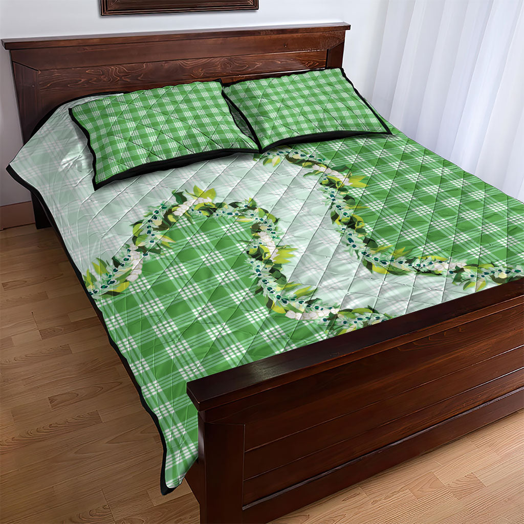 Green Hawaii Palaka Quilt Bed Set Maile Pikake Honohono Orchid Lei