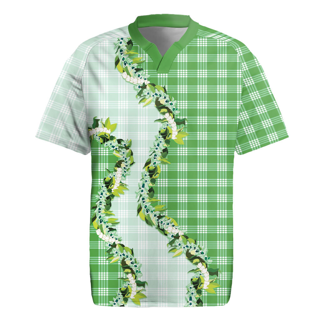 Green Hawaii Palaka Rugby Jersey Maile Pikake Honohono Orchid Lei