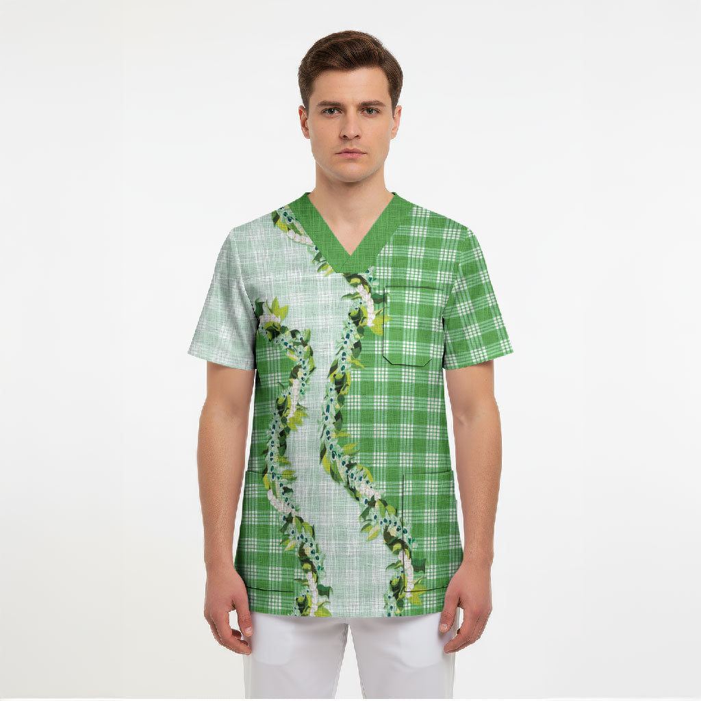 Green Hawaii Palaka Scrub Top Maile Pikake Honohono Orchid Lei