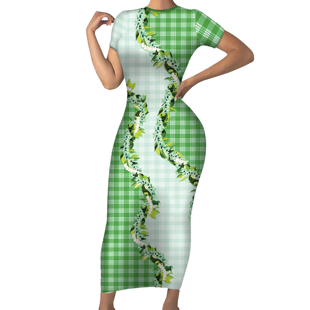 Green Hawaii Palaka Short Sleeve Bodycon Dress Maile Pikake Honohono Orchid Lei