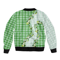 Green Hawaii Palaka Sleeve Zip Bomber Jacket Maile Pikake Honohono Orchid Lei