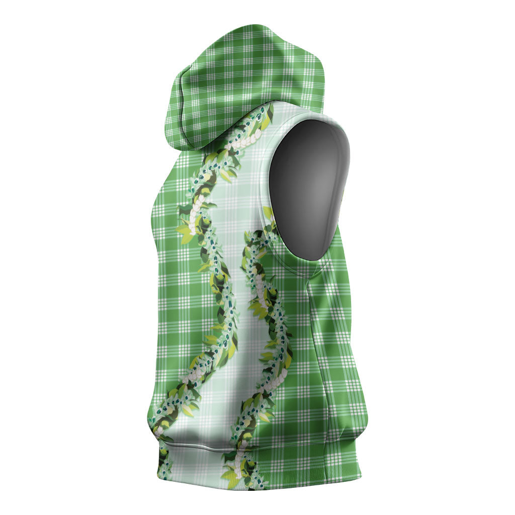 Green Hawaii Palaka Sleeveless Hoodie Maile Pikake Honohono Orchid Lei