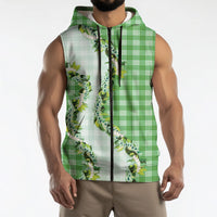 Green Hawaii Palaka Sleeveless Zip Hoodie Maile Pikake Honohono Orchid Lei