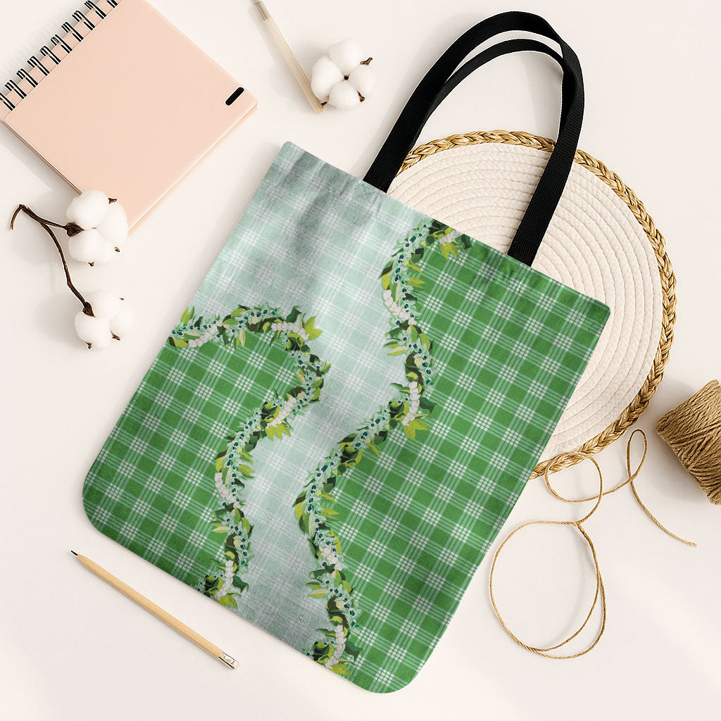 Green Hawaii Palaka Tote Bag Maile Pikake Honohono Orchid Lei LT05 Black Strap One Size Green - Polynesian Pride
