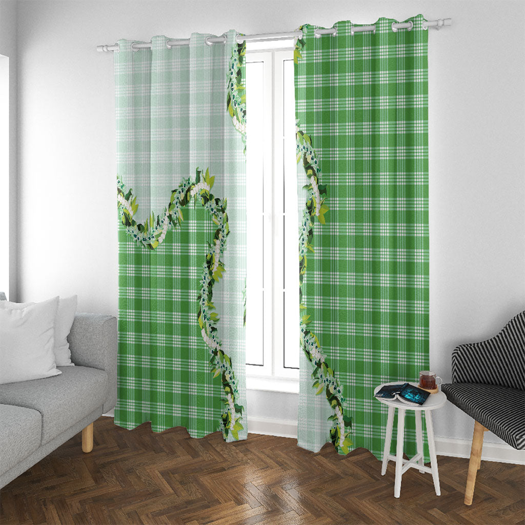 Green Hawaii Palaka Window Curtain Maile Pikake Honohono Orchid Lei