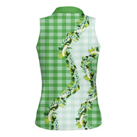Green Hawaii Palaka Women Sleeveless Polo Shirt Maile Pikake Honohono Orchid Lei