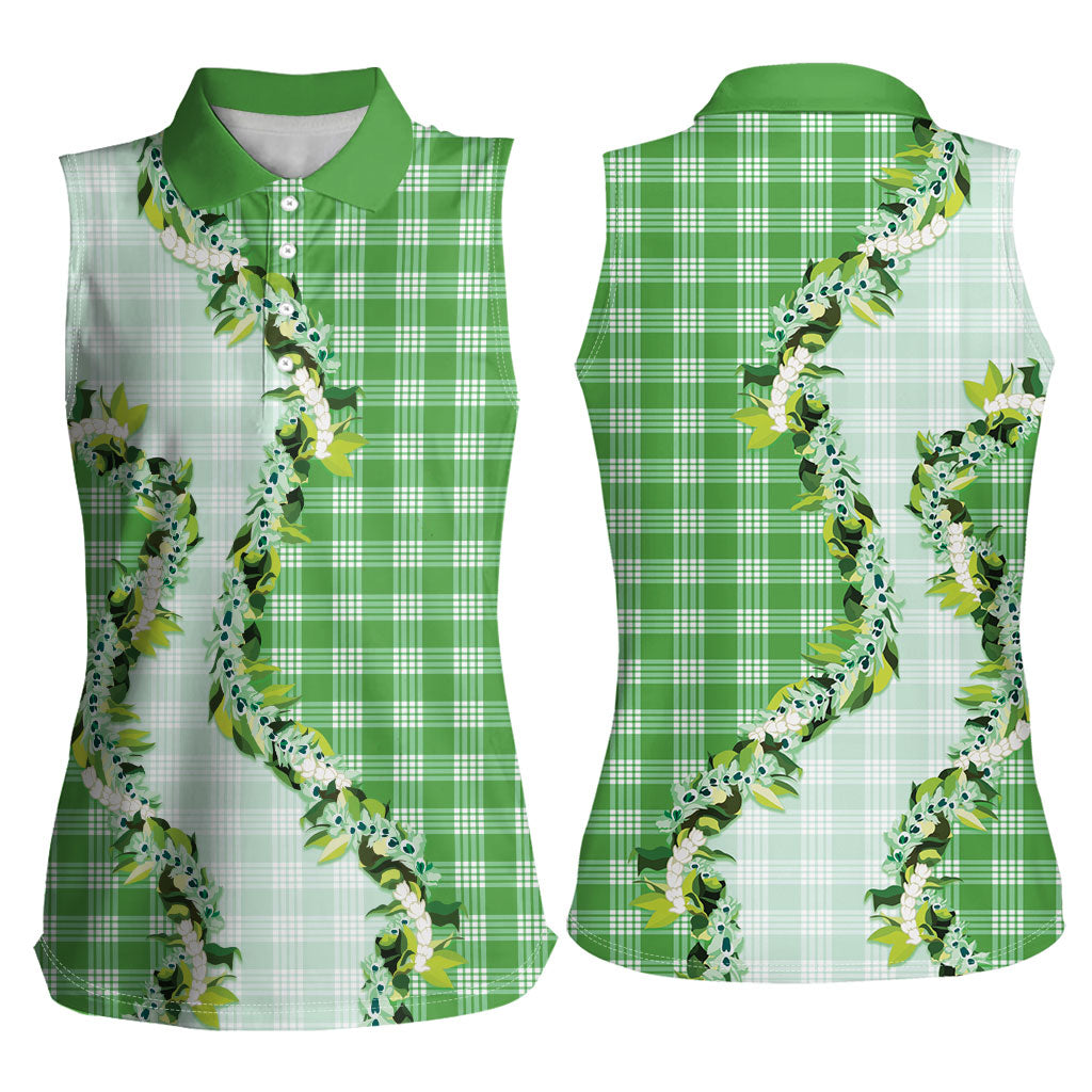 Green Hawaii Palaka Women Sleeveless Polo Shirt Maile Pikake Honohono Orchid Lei