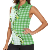 Green Hawaii Palaka Women Sleeveless Polo Shirt Maile Pikake Honohono Orchid Lei