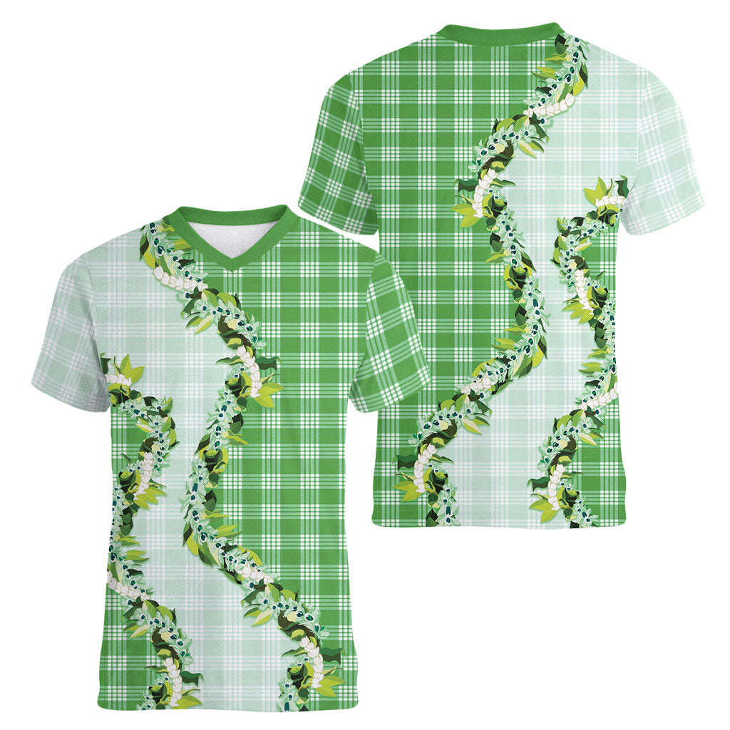 Green Hawaii Palaka Women V-Neck T-Shirt Maile Pikake Honohono Orchid Lei
