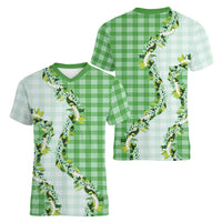 Green Hawaii Palaka Women V-Neck T-Shirt Maile Pikake Honohono Orchid Lei