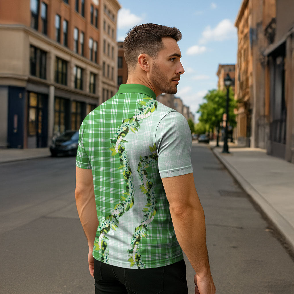 Green Hawaii Palaka Zipper Polo Shirt Maile Pikake Honohono Orchid Lei
