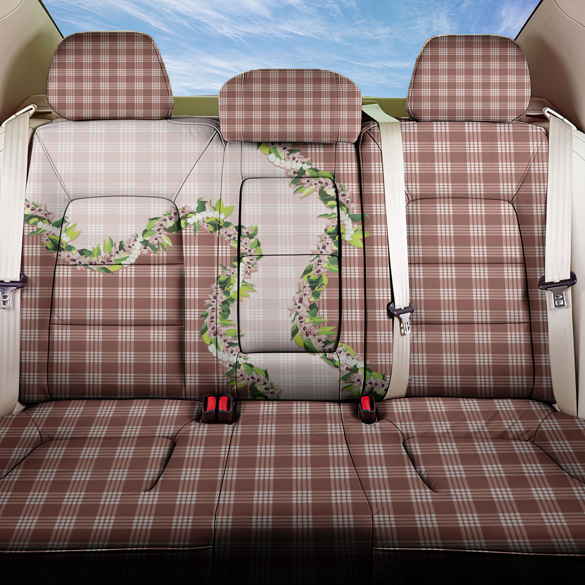 Mocha Hawaii Palaka Back Car Seat Cover Maile Pikake Honohono Orchid Lei LT05 One Size Mocha - Polynesian Pride