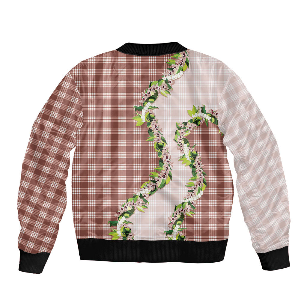 Mocha Hawaii Palaka Bomber Jacket Maile Pikake Honohono Orchid Lei