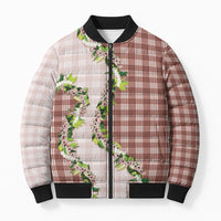 Mocha Hawaii Palaka Bomber Puffer Jacket Maile Pikake Honohono Orchid Lei