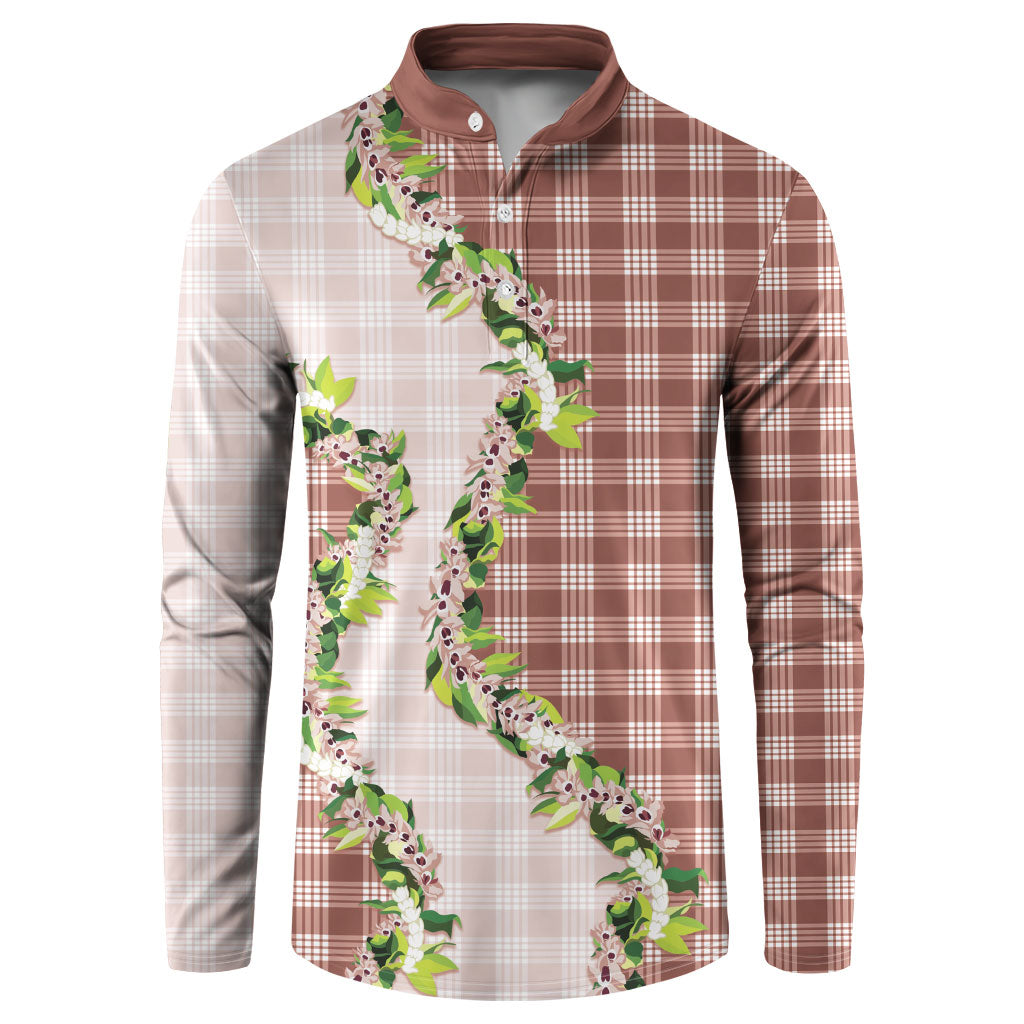 Mocha Hawaii Palaka Button Sweatshirt Maile Pikake Honohono Orchid Lei LT05 Mocha - Polynesian Pride