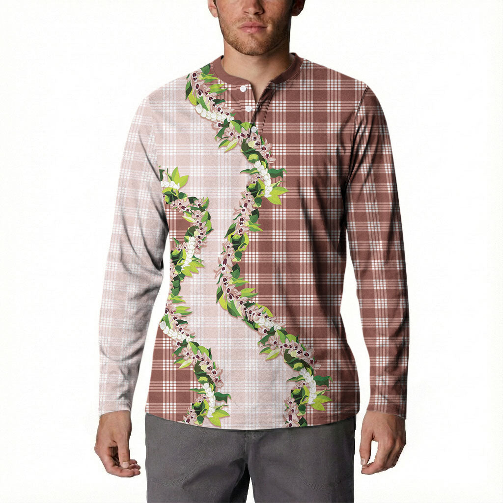 Mocha Hawaii Palaka Button Sweatshirt Maile Pikake Honohono Orchid Lei LT05 - Polynesian Pride