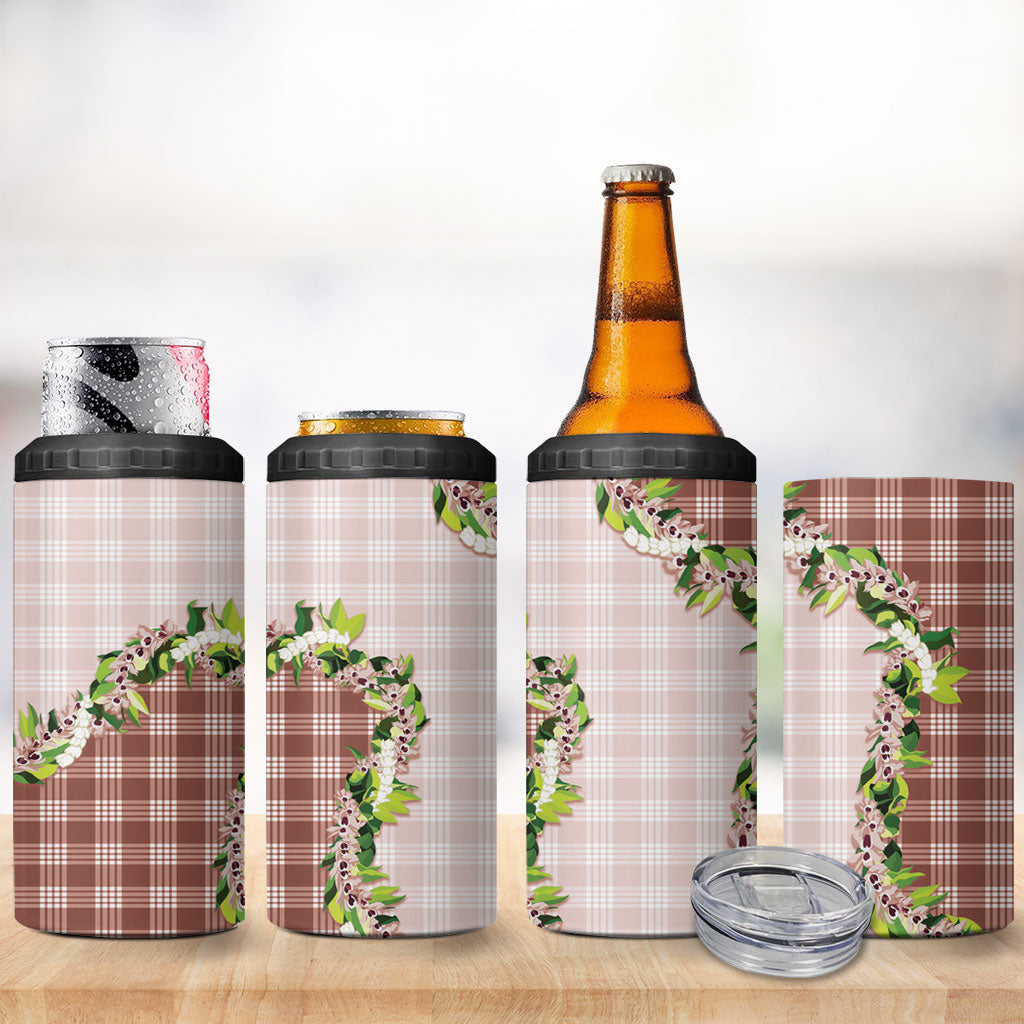 Mocha Hawaii Palaka 4 in 1 Can Cooler Tumbler Maile Pikake Honohono Orchid Lei