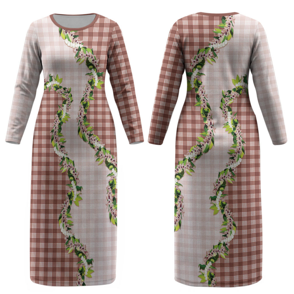 Mocha Hawaii Palaka Couples Matching Long Sleeve Bodycon Dress and Hawaiian Shirt Maile Pikake Honohono Orchid Lei LT05