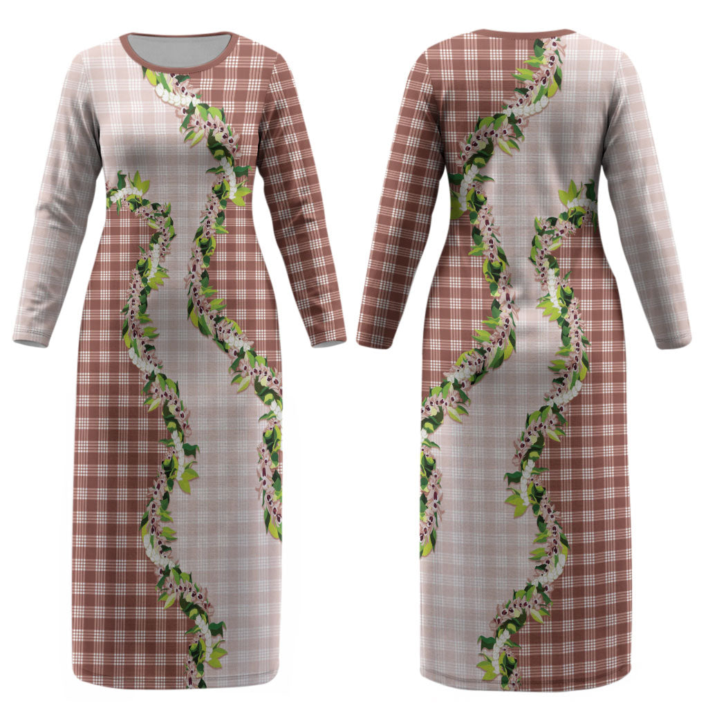 Mocha Hawaii Palaka Couples Matching Long Sleeve Bodycon Dress and Long Sleeve Button Shirt Maile Pikake Honohono Orchid Lei LT05