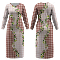 Mocha Hawaii Palaka Couples Matching Long Sleeve Bodycon Dress and Long Sleeve Button Shirt Maile Pikake Honohono Orchid Lei LT05
