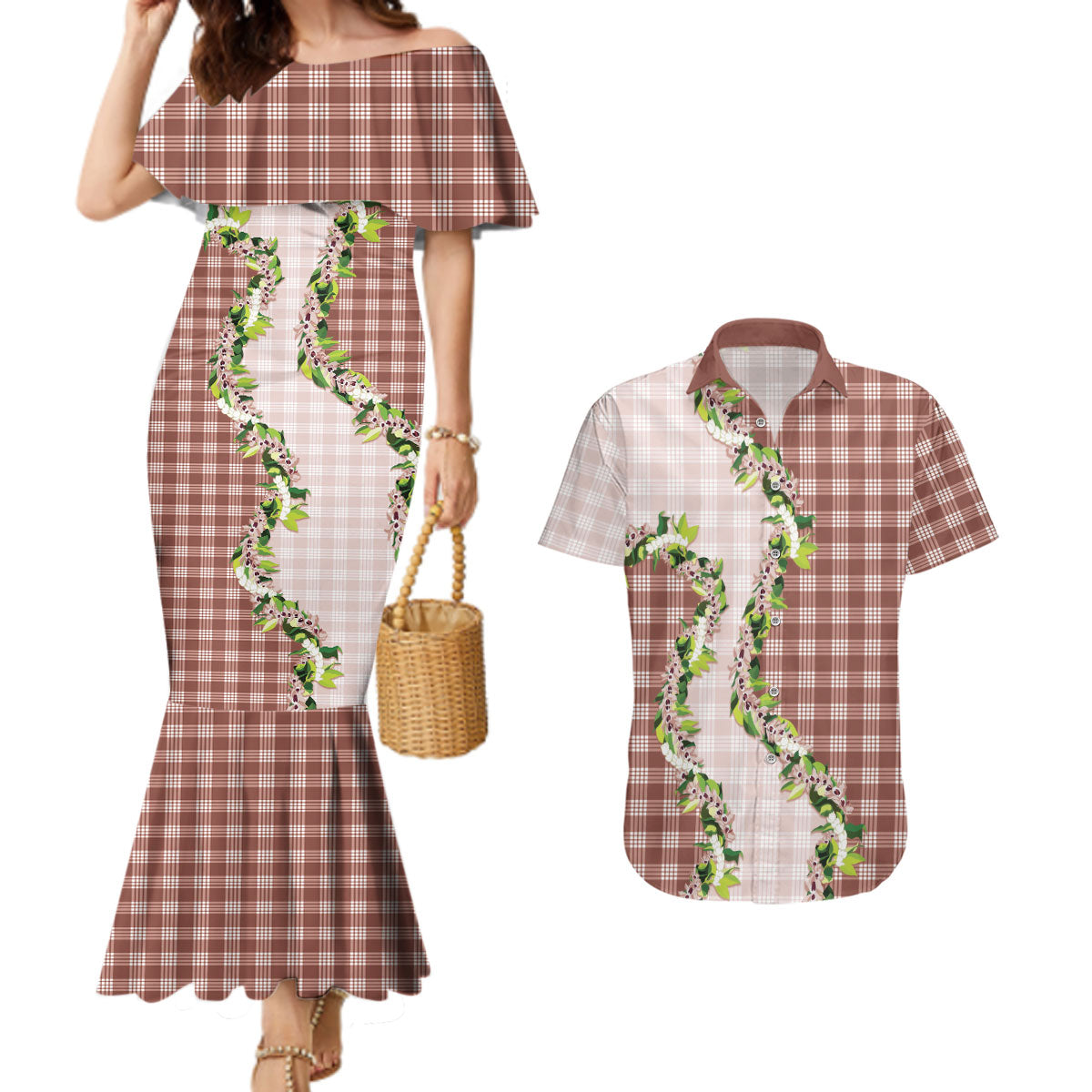 Mocha Hawaii Palaka Couples Matching Mermaid Dress and Hawaiian Shirt Maile Pikake Honohono Orchid Lei