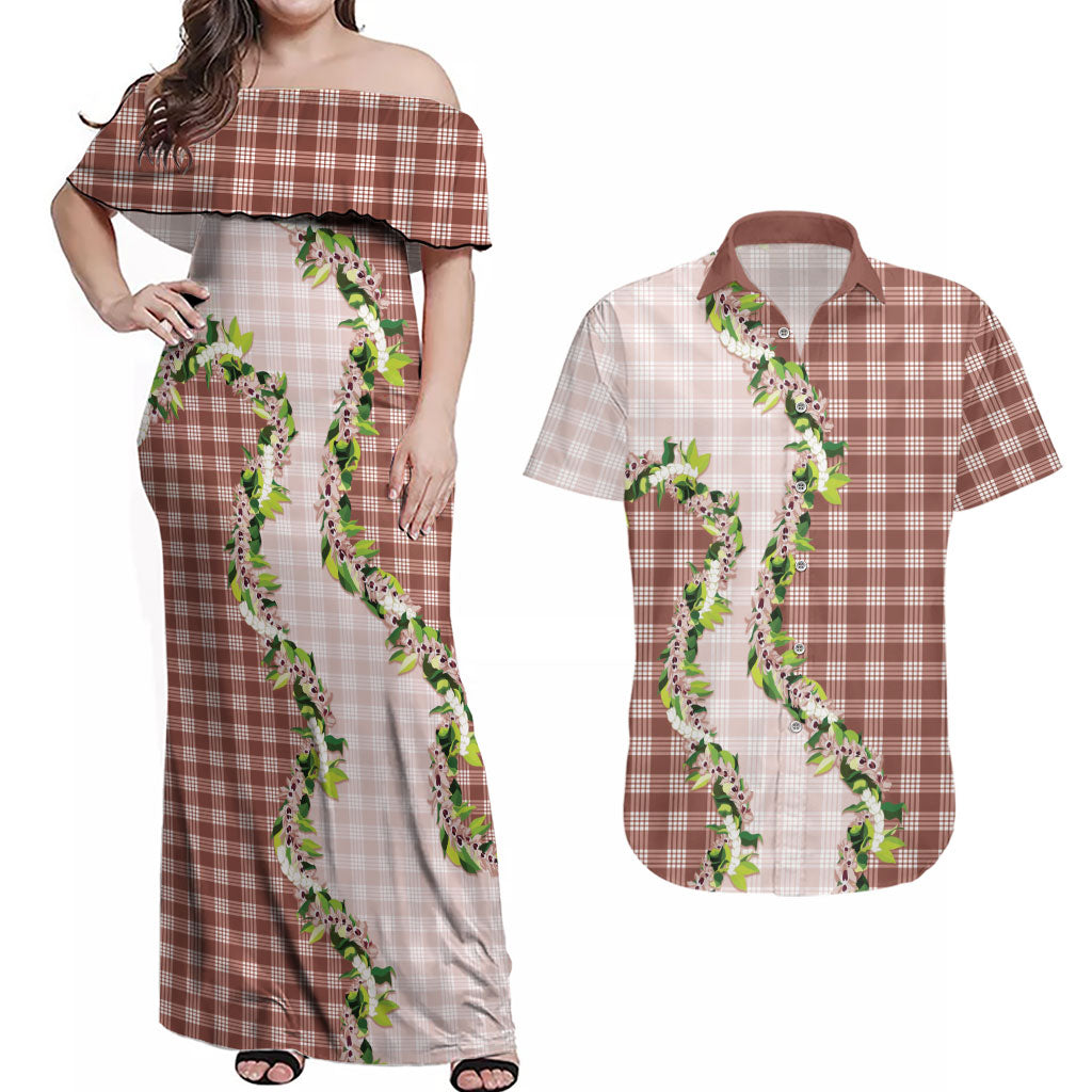 Mocha Hawaii Palaka Couples Matching Off Shoulder Maxi Dress and Hawaiian Shirt Maile Pikake Honohono Orchid Lei LT05 Mocha - Polynesian Pride
