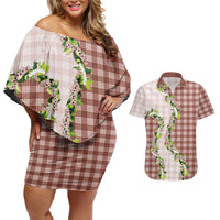 Mocha Hawaii Palaka Couples Matching Off Shoulder Short Dress and Hawaiian Shirt Maile Pikake Honohono Orchid Lei