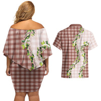 Mocha Hawaii Palaka Couples Matching Off Shoulder Short Dress and Hawaiian Shirt Maile Pikake Honohono Orchid Lei