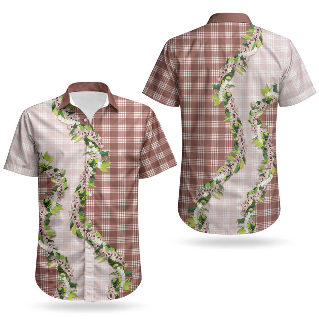Mocha Hawaii Palaka Couples Matching Off Shoulder Short Dress and Hawaiian Shirt Maile Pikake Honohono Orchid Lei LT05