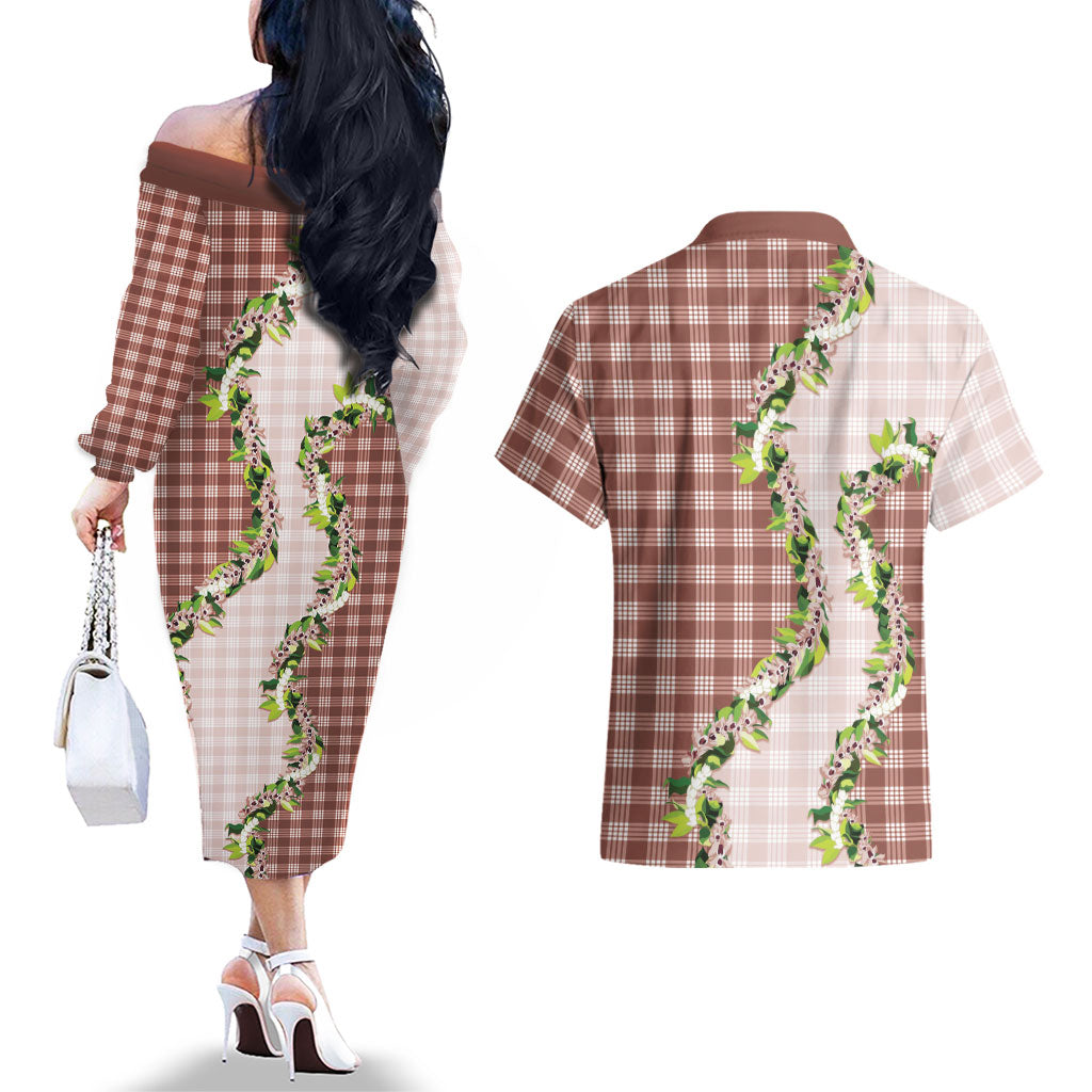 Mocha Hawaii Palaka Couples Matching Off The Shoulder Long Sleeve Dress and Hawaiian Shirt Maile Pikake Honohono Orchid Lei