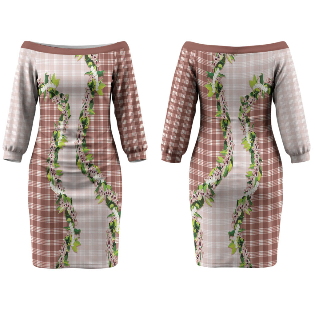 Mocha Hawaii Palaka Couples Matching Off The Shoulder Long Sleeve Dress and Hawaiian Shirt Maile Pikake Honohono Orchid Lei LT05
