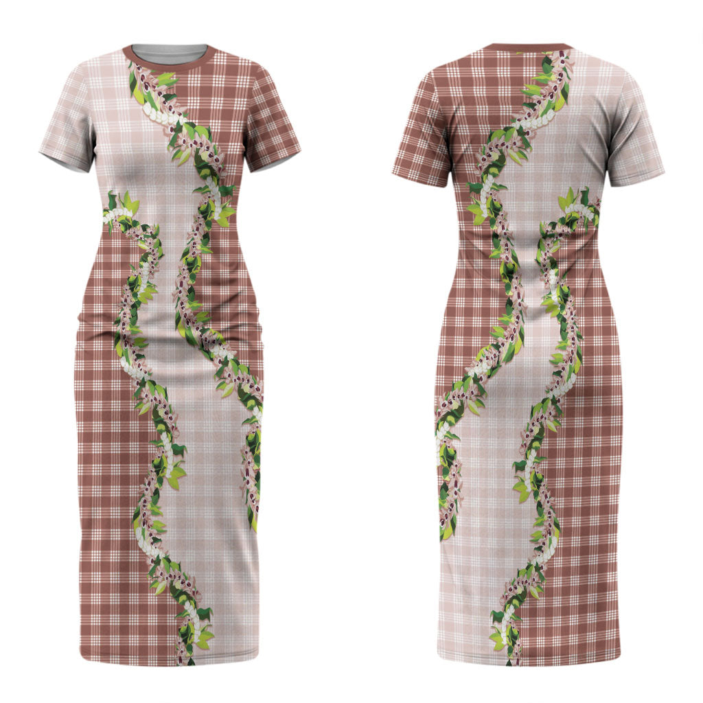 Mocha Hawaii Palaka Couples Matching Short Sleeve Bodycon Dress and Hawaiian Shirt Maile Pikake Honohono Orchid Lei LT05