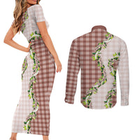 Mocha Hawaii Palaka Couples Matching Short Sleeve Bodycon Dress and Long Sleeve Button Shirt Maile Pikake Honohono Orchid Lei
