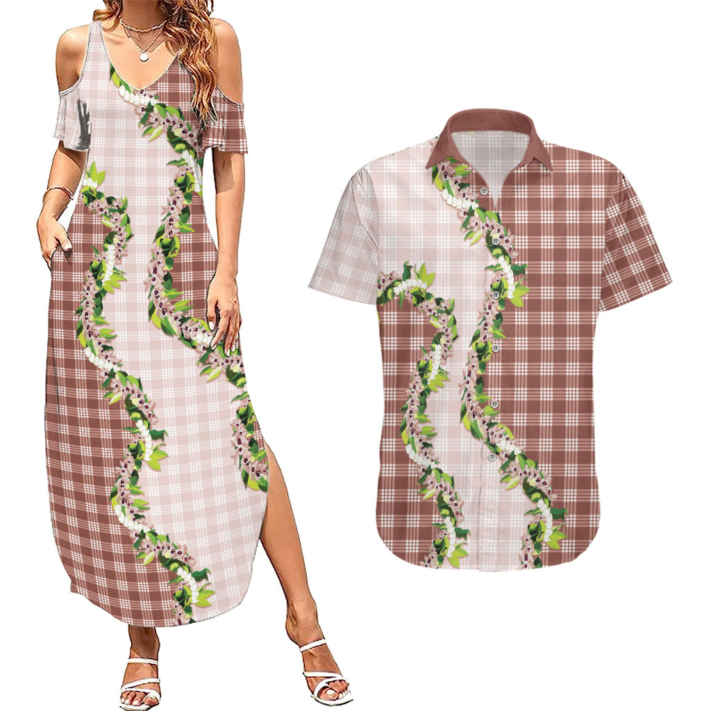 Mocha Hawaii Palaka Couples Matching Summer Maxi Dress and Hawaiian Shirt Maile Pikake Honohono Orchid Lei