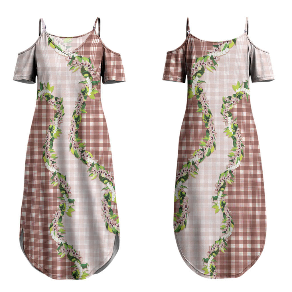 Mocha Hawaii Palaka Couples Matching Summer Maxi Dress and Hawaiian Shirt Maile Pikake Honohono Orchid Lei LT05