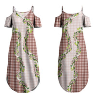Mocha Hawaii Palaka Couples Matching Summer Maxi Dress and Hawaiian Shirt Maile Pikake Honohono Orchid Lei LT05