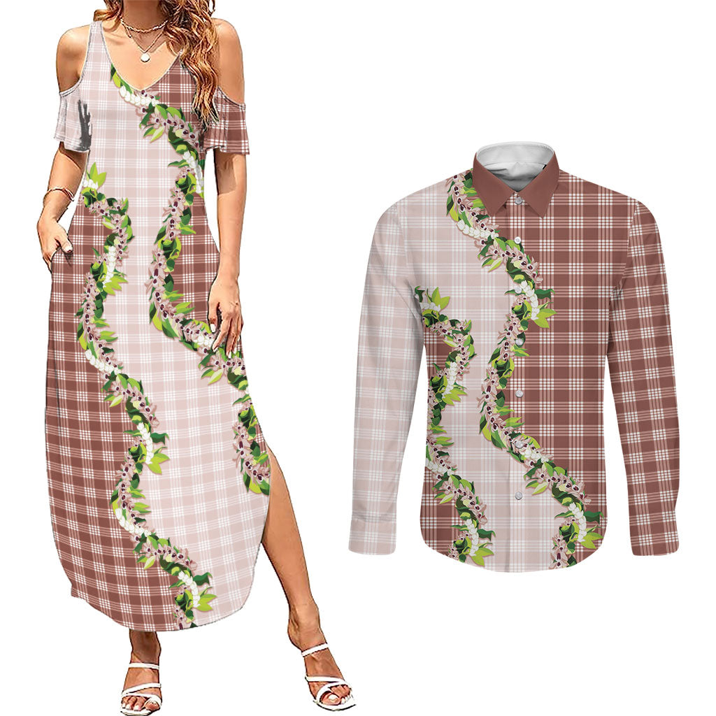 Mocha Hawaii Palaka Couples Matching Summer Maxi Dress and Long Sleeve Button Shirt Maile Pikake Honohono Orchid Lei LT05 Mocha - Polynesian Pride