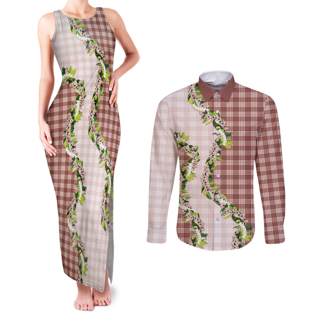 Mocha Hawaii Palaka Couples Matching Tank Maxi Dress and Long Sleeve Button Shirt Maile Pikake Honohono Orchid Lei