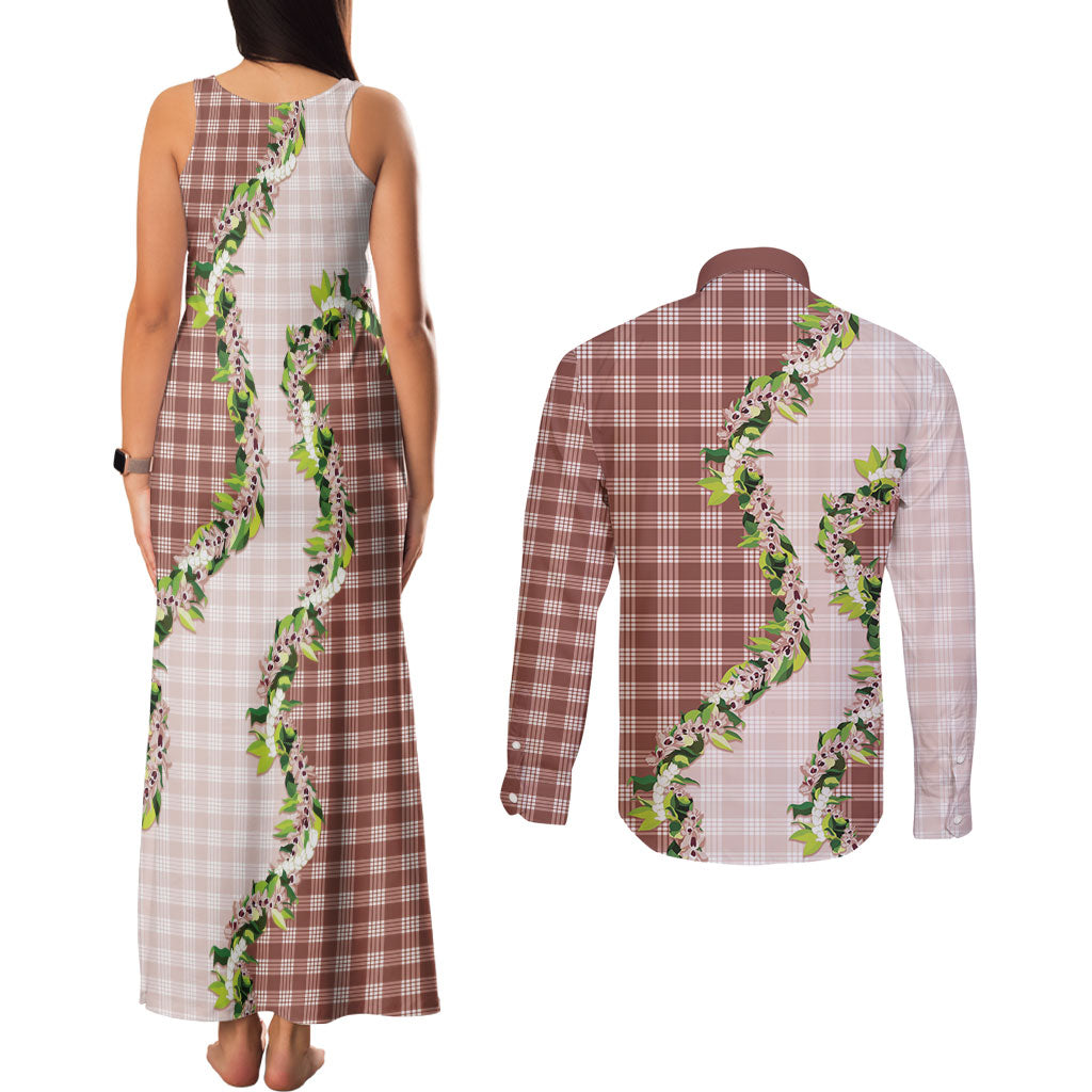 Mocha Hawaii Palaka Couples Matching Tank Maxi Dress and Long Sleeve Button Shirt Maile Pikake Honohono Orchid Lei