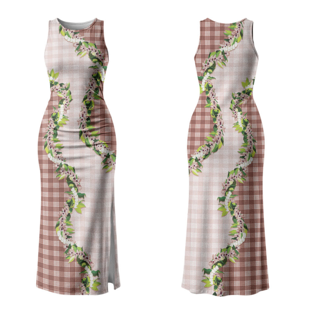 Mocha Hawaii Palaka Couples Matching Tank Maxi Dress and Long Sleeve Button Shirt Maile Pikake Honohono Orchid Lei LT05