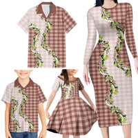 Mocha Hawaii Palaka Family Matching Long Sleeve Bodycon Dress and Hawaiian Shirt Maile Pikake Honohono Orchid Lei