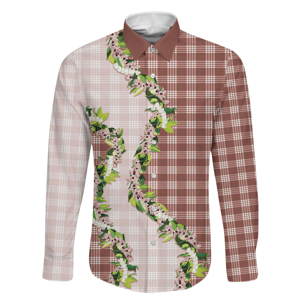 Mocha Hawaii Palaka Family Matching Long Sleeve Bodycon Dress and Hawaiian Shirt Maile Pikake Honohono Orchid Lei